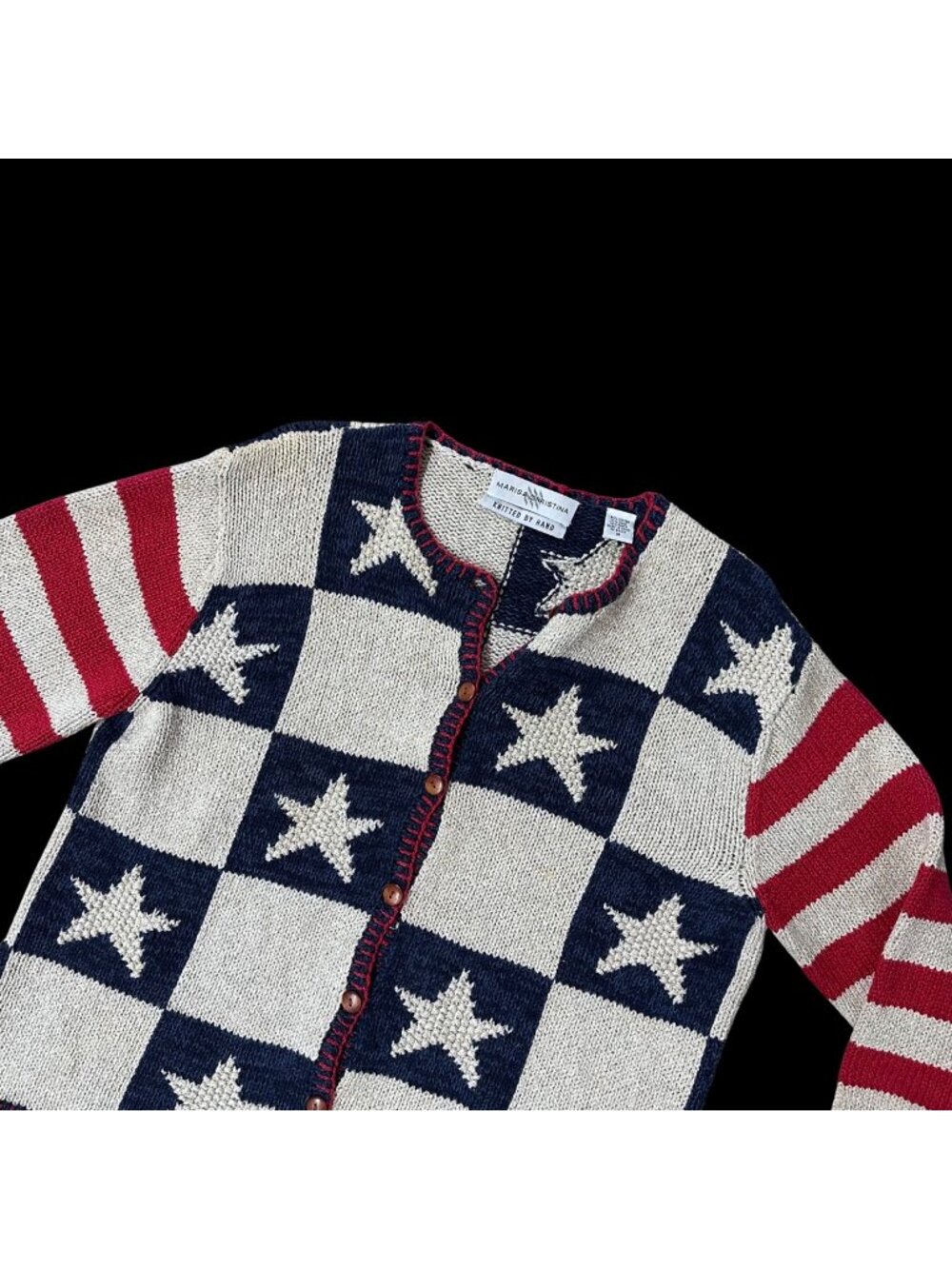 Vintage American Flag Cardigan Sweater Knitted By Hand M Patriotic Stars Stripes